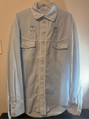 Western Ranch Wear Mens XLarge Vintage 1970s Pearl Snap Shirt Blue Western